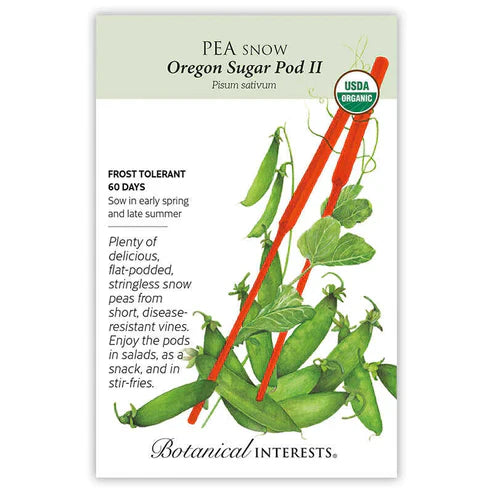 Homegrown peas taste so much better than store bought! 'Oregon Sugar Pod II' produces a huge number of 4" delicious pods that are harvested and eaten when the pods are flat, before the seeds form. Short, 28" vines are easy to manage. Resists mildew, pea enation virus, and leaf roll. Excellent freezer and late-summer variety. Grow on a trellis.