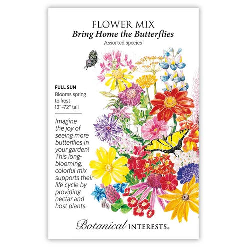 It's easy to convert your garden into a private retreat for butterflies with this mix of annual, biennial, and perennial flowers and herbs! A lovely range of flower colors, heights, and bloom times.

Mix includes:

    China Aster
    Bishops Flower
    Black-Eyed Susan
    Borage
    Calendula
    Balsam
    Clover, Crimson
    Coreopsis, Lance-leaved
    Bachelor's button
    Cosmos
    Dill
    Lemon Mint
    Dwarf Lupine
    Mexican Sunflower
    Parsley
    Pincushion Flower
    Blazing Star
    Purpl