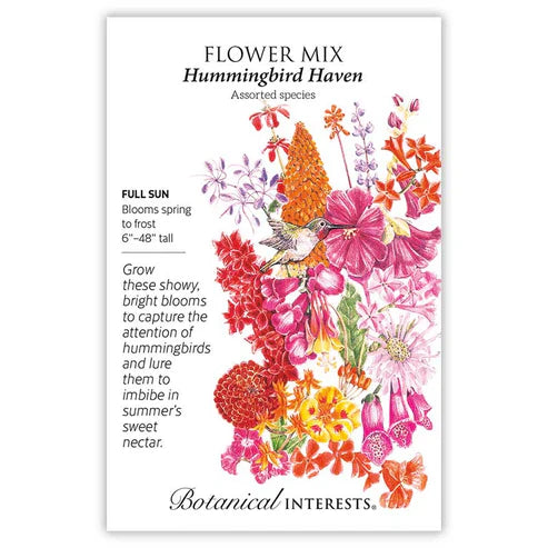 Your garden haven for hummingbirds will not only attract and provide nectar for the tiny, bright creatures, but also present you with a glorious array of vivid floral colors that will last spring to fall for your enjoyment as well. Attracts other pollinators, too! Shake packet gently before opening to ensure even mixture of seeds.

Mix includes:

    Bee Balm
    Butterfly Weed
    Shooting Star Columbine
    Coral Bells
    Flowering Tobacco
    Foxglove
    Godetia
    Dark Colors Hollyhock
    Lupine
  