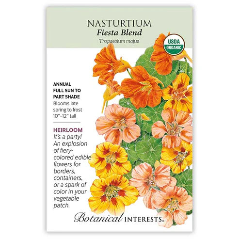 Every salad should have edible nasturtium flowers. Fiesta Blend is a spicy feast of color with flowers in orange, yellow, and orange/peach bi-colors that brighten up hanging baskets and large containers. This beautiful plant is especially exquisite gracing a stone garden wall. The blossom petals are a festive addition to salads and pastas. Plant some in your vegetable patch to attract pollinators. Withstands coastal salty air.