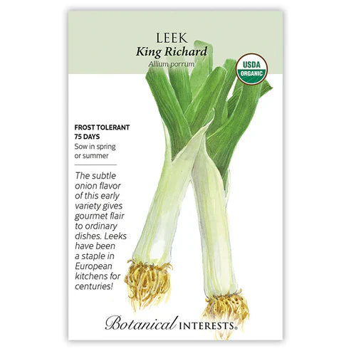 Leeks' mild but rich onion flavor and cold tolerance make them a favorite in home kitchens and gardens. This onion relative has compact stems that thicken but do not form bulbs like onions. 'King Richard' produces extra long white stems early. Enjoy fresh, grilled, sautÃ©ed, and added to soups and stews. Cold tolerant to 20Â°F and can be left in the garden for an extended harvest.